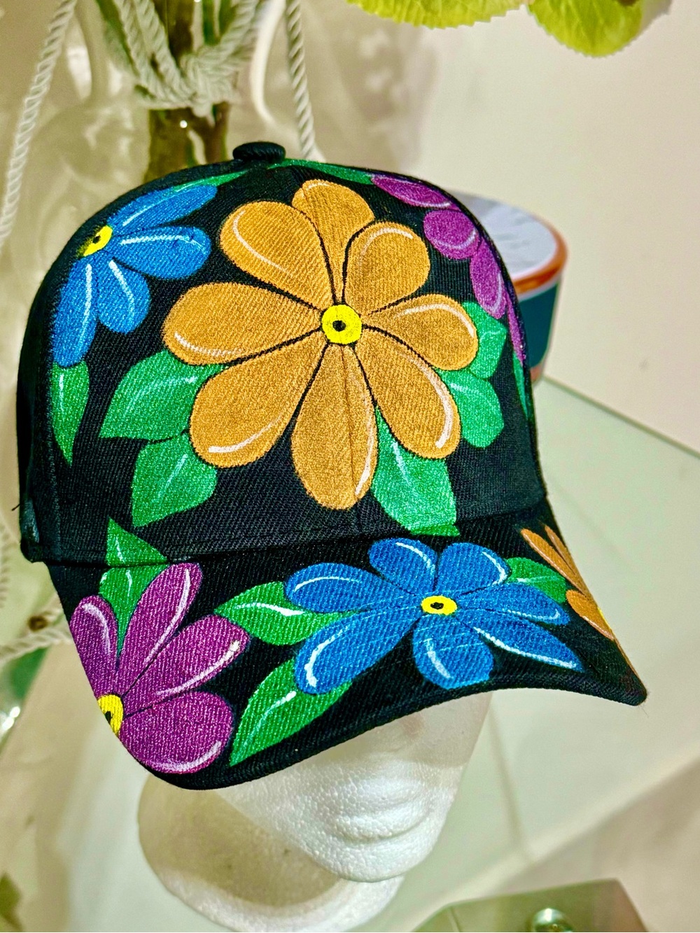 Black Floral Painted Baseball Cap - Multicolor Flower Print - Picture 10 of 13